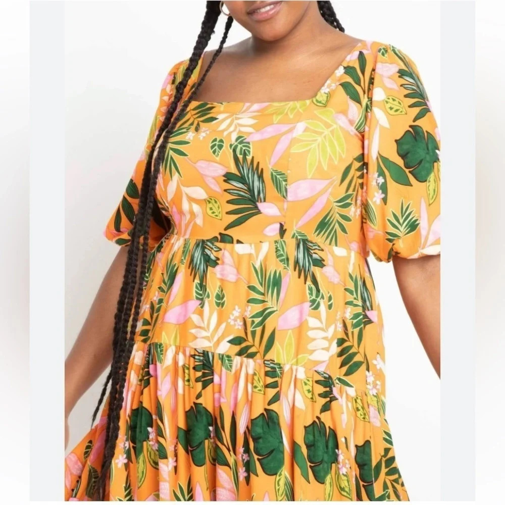 New! Eloquii puff sleeve empire waist tropical floral midi dress 15848 - Picture 2 of 11